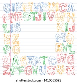 Animal alphabet. Zoo alphabet. Letters from A to Z. Cartoon cute animals. Elephant, dog, flamingo, giraffe, horse, alligator, bear, cat.