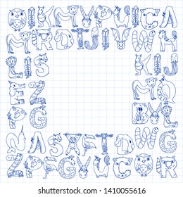 Animal alphabet. Zoo alphabet. Letters from A to Z. Cartoon cute animals. Elephant, dog, flamingo, giraffe, horse, alligator, bear, cat.