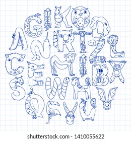 Animal alphabet. Zoo alphabet. Letters from A to Z. Cartoon cute animals. Elephant, dog, flamingo, giraffe, horse, alligator, bear, cat.