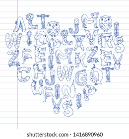 Animal alphabet. Zoo alphabet. Letters from A to Z. Cartoon cute animals. Elephant, dog, flamingo, giraffe, horse, alligator, bear, cat.