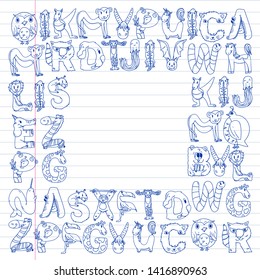 Animal alphabet. Zoo alphabet. Letters from A to Z. Cartoon cute animals. Elephant, dog, flamingo, giraffe, horse, alligator, bear, cat.