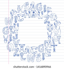 Animal alphabet. Zoo alphabet. Letters from A to Z. Cartoon cute animals. Elephant, dog, flamingo, giraffe, horse, alligator, bear, cat.