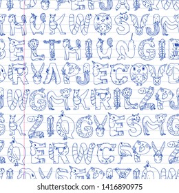Animal alphabet. Zoo alphabet. Letters from A to Z. Cartoon cute animals. Elephant, dog, flamingo, giraffe, horse, alligator, bear, cat.