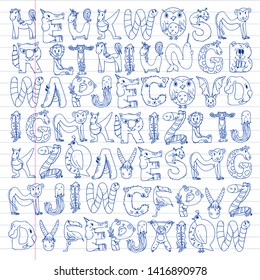 Animal alphabet. Zoo alphabet. Letters from A to Z. Cartoon cute animals. Elephant, dog, flamingo, giraffe, horse, alligator, bear, cat.