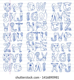 Animal alphabet. Zoo alphabet. Letters from A to Z. Cartoon cute animals. Elephant, dog, flamingo, giraffe, horse, alligator, bear, cat.