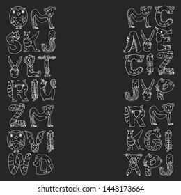 Animal alphabet. Zoo alphabet. Letters from A to Z. Cartoon cute animals. Elephant, dog, flamingo, giraffe, horse, alligator, bear, cat.