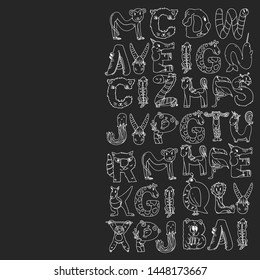 Animal alphabet. Zoo alphabet. Letters from A to Z. Cartoon cute animals. Elephant, dog, flamingo, giraffe, horse, alligator, bear, cat.