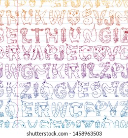 Animal alphabet. Zoo alphabet. Letters from A to Z. Cartoon cute animals. Elephant, dog, flamingo, giraffe, horse, alligator, bear, cat.