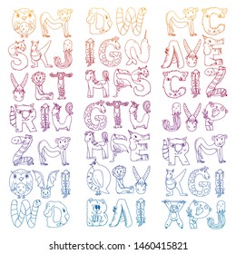 Animal alphabet. Zoo alphabet. Letters from A to Z. Cartoon cute animals. Elephant, dog, flamingo, giraffe, horse, alligator, bear, cat.