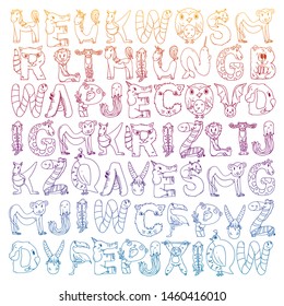 Animal alphabet. Zoo alphabet. Letters from A to Z. Cartoon cute animals. Elephant, dog, flamingo, giraffe, horse, alligator, bear, cat.