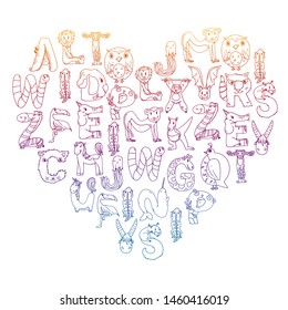 Animal alphabet. Zoo alphabet. Letters from A to Z. Cartoon cute animals. Elephant, dog, flamingo, giraffe, horse, alligator, bear, cat.