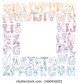 Animal alphabet. Zoo alphabet. Letters from A to Z. Cartoon cute animals. Elephant, dog, flamingo, giraffe, horse, alligator, bear, cat.