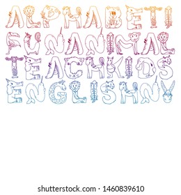 Animal alphabet. Zoo alphabet. Letters from A to Z. Cartoon cute animals. Elephant, dog, flamingo, giraffe, horse, alligator, bear, cat.