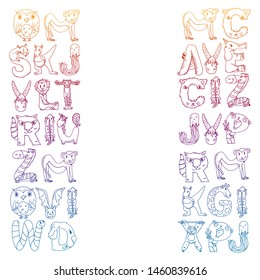 Animal alphabet. Zoo alphabet. Letters from A to Z. Cartoon cute animals. Elephant, dog, flamingo, giraffe, horse, alligator, bear, cat.