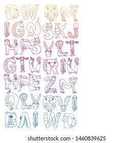 Animal alphabet. Zoo alphabet. Letters from A to Z. Cartoon cute animals. Elephant, dog, flamingo, giraffe, horse, alligator, bear, cat.