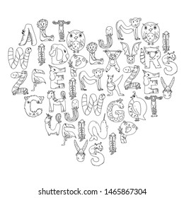 Animal alphabet. Zoo alphabet. Letters from A to Z. Cartoon cute animals. Elephant, dog, flamingo, giraffe, horse, alligator, bear, cat.
