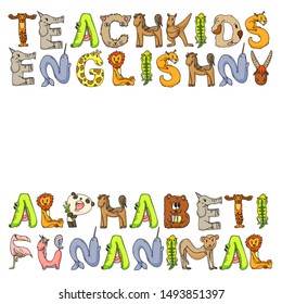 Animal alphabet. Zoo alphabet. Letters from A to Z. Cartoon cute animals. Elephant, dog, flamingo, giraffe, horse, alligator, bear, cat.