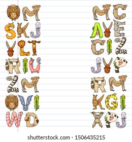 Animal alphabet. Zoo alphabet. Letters from A to Z. Cartoon cute animals. Elephant, dog, flamingo, giraffe, horse, alligator, bear, cat.