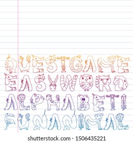 Animal alphabet. Zoo alphabet. Letters from A to Z. Cartoon cute animals. Elephant, dog, flamingo, giraffe, horse, alligator, bear, cat.