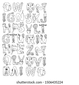 Animal alphabet. Zoo alphabet. Letters from A to Z. Cartoon cute animals. Elephant, dog, flamingo, giraffe, horse, alligator, bear, cat.
