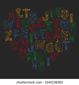 Animal alphabet. Zoo alphabet. Letters from A to Z. Cartoon cute animals. Elephant, dog, flamingo, giraffe, horse, alligator, bear, cat.