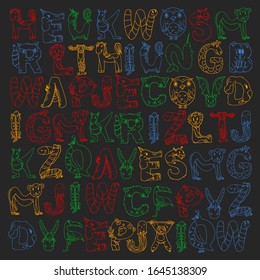 Animal alphabet. Zoo alphabet. Letters from A to Z. Cartoon cute animals. Elephant, dog, flamingo, giraffe, horse, alligator, bear, cat.