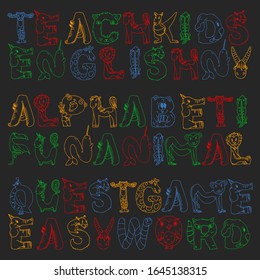 Animal alphabet. Zoo alphabet. Letters from A to Z. Cartoon cute animals. Elephant, dog, flamingo, giraffe, horse, alligator, bear, cat.