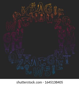 Animal alphabet. Zoo alphabet. Letters from A to Z. Cartoon cute animals. Elephant, dog, flamingo, giraffe, horse, alligator, bear, cat.