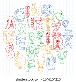 Animal alphabet. Zoo alphabet. Letters from A to Z. Cartoon cute animals. Elephant, dog, flamingo, giraffe, horse, alligator, bear, cat.