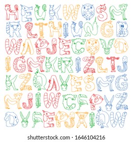 Animal alphabet. Zoo alphabet. Letters from A to Z. Cartoon cute animals. Elephant, dog, flamingo, giraffe, horse, alligator, bear, cat.