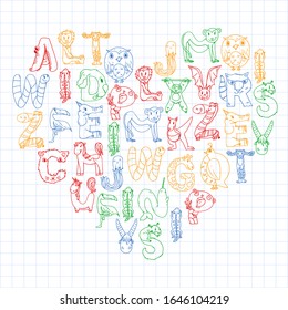 Animal alphabet. Zoo alphabet. Letters from A to Z. Cartoon cute animals. Elephant, dog, flamingo, giraffe, horse, alligator, bear, cat.