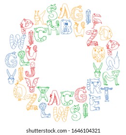 Animal alphabet. Zoo alphabet. Letters from A to Z. Cartoon cute animals. Elephant, dog, flamingo, giraffe, horse, alligator, bear, cat.