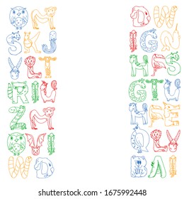 Animal alphabet. Zoo alphabet. Letters from A to Z. Cartoon cute animals. Elephant, dog, flamingo, giraffe, horse, alligator, bear, cat.