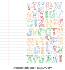 Animal alphabet. Zoo alphabet. Letters from A to Z. Cartoon cute animals. Elephant, dog, flamingo, giraffe, horse, alligator, bear, cat.