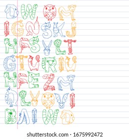 Animal alphabet. Zoo alphabet. Letters from A to Z. Cartoon cute animals. Elephant, dog, flamingo, giraffe, horse, alligator, bear, cat.