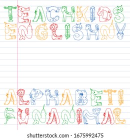 Animal alphabet. Zoo alphabet. Letters from A to Z. Cartoon cute animals. Elephant, dog, flamingo, giraffe, horse, alligator, bear, cat.