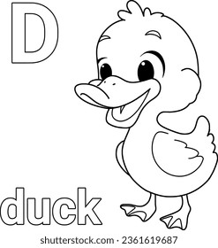 Animal alphabet,D,duck coloring page for kid vector isolated on white background.