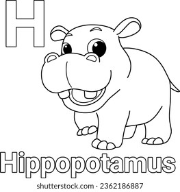 Animal alphabet,H,Hippopotamas coloring page for kid vector isolated on white background.