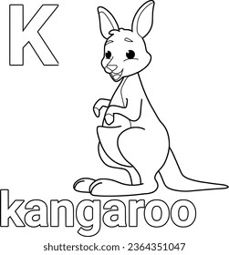 Animal alphabet,K,kangaroo cartoon coloring page vector isolate on white background.