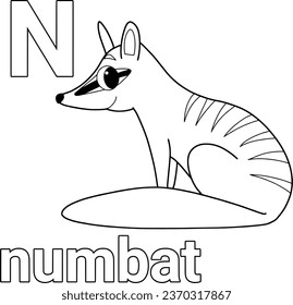 Animal alphabet,N,numbat cartoon coloring page for kid vector isolated on white background.