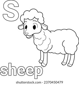 Animal alphabet,S,sheep cartoon coloring page for kid vector.