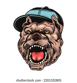 Animal angry characters set. Bulldog in gangster cap with open jaws. Vintage vector illustrations isolated on white background