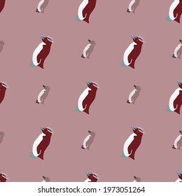 Animal antarctic seamless pattern with doodle crested penguin shapes. Pink dark background. Designed for fabric design, textile print, wrapping, cover. Vector illustration.
