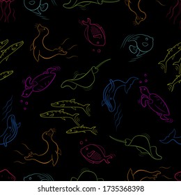 animal, aquarium fish, aquatic, background, badge, black, black line, cartoon, childlike, collection, coloring, contour, doodle, doodle animals, element, exotic, fins, fish, graphic, icon, illustratio