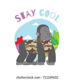 Animal in army uniform collection. Big funny gorilla in army uniform