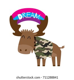 Animal in army uniform collection set. Cute moose poster