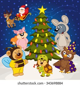 animal around  christmas tree - vector illustration, eps