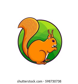 Animal art, cute cartoon style, hand drawn vector illustration. Red tree squirrel eating nut, cartoon style