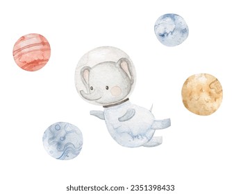 Animal  astronaut adventures in space. Hand drawn watercolor space illustration. Dreamy adventurous fun cartoon for children cosmic exploration. Watercolor style illustration