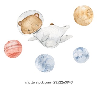 Animal  astronaut adventures in space. Hand drawn watercolor space illustration. Dreamy adventurous fun cartoon for children cosmic exploration. Watercolor style illustration